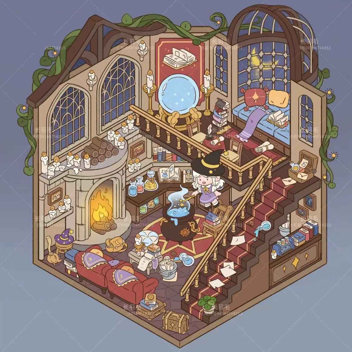 Sweet Girl 3D Isometric Room Stickers Scene - 5 Theme Sets: Underwater Home | Dessert Shop | Wooden Cabin | Bookstore | Magical House
