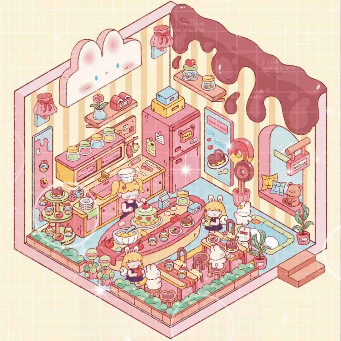 Sweet Girl 3D Isometric Room Stickers Scene - 5 Theme Sets: Underwater Home | Dessert Shop | Wooden Cabin | Bookstore | Magical House