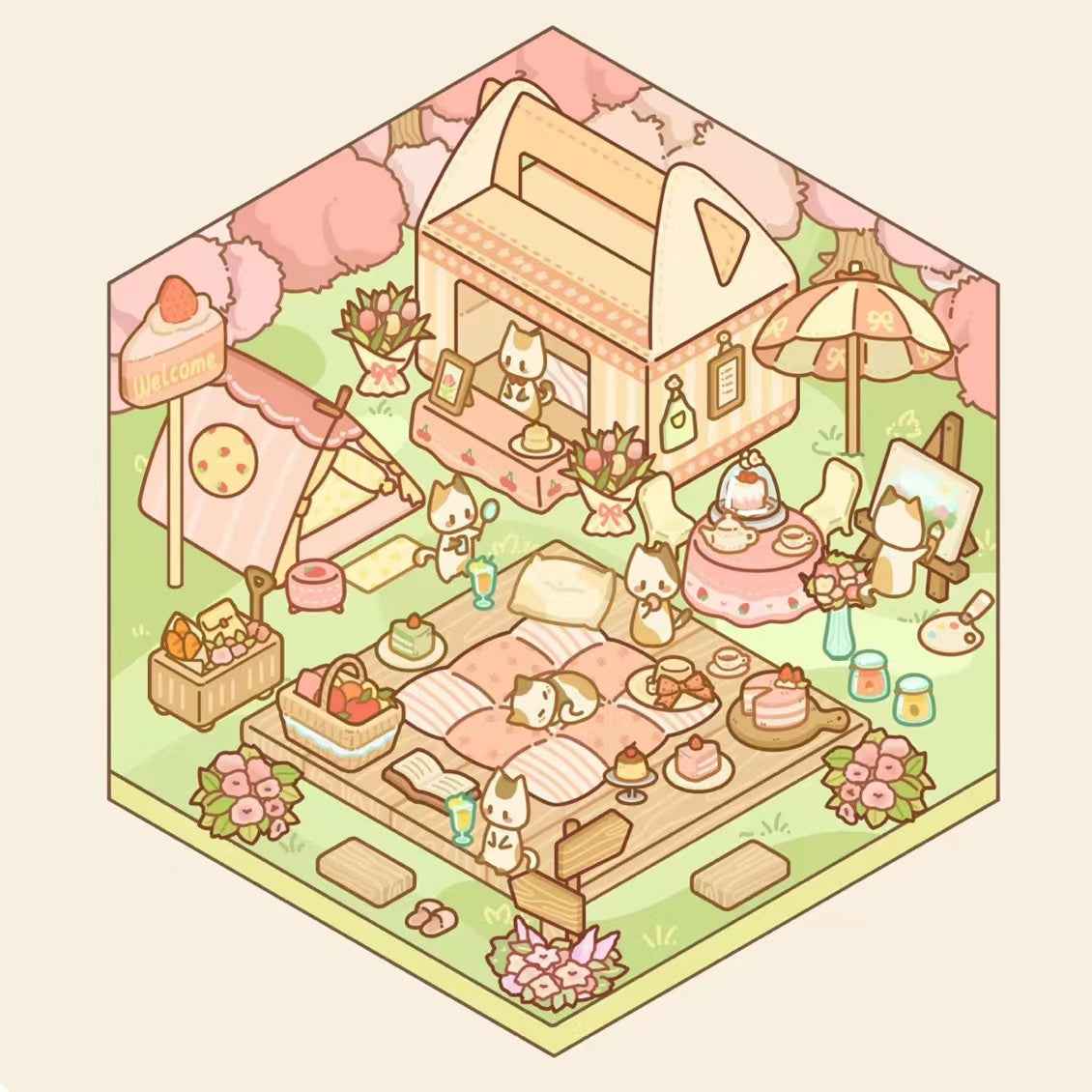 Cute Cat 2.0 Stickers Scene - A Relaxing Day with 4 Themes: Cat Farm | Outdoor Picnic | Festival Fair | Tribal Ceremony