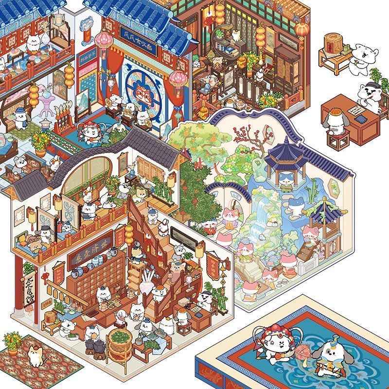 Cute Cat 3.0 Stickers Scene – Traditional Chinese Culture: Cat Theater | Cat Traditional Medicine Clinic | Cat Ancient Courtyard | Cat Relaxation Hall