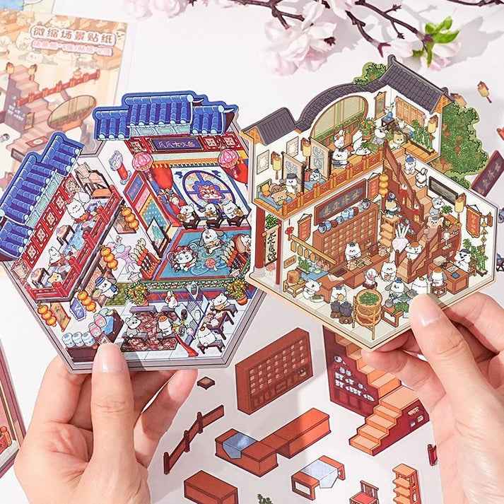 Cute Cat 3.0 Stickers Scene – Traditional Chinese Culture: Cat Theater | Cat Traditional Medicine Clinic | Cat Ancient Courtyard | Cat Relaxation Hall