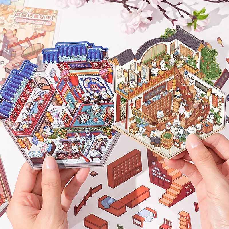 Cute Cat 3.0 Stickers Scene – Traditional Chinese Culture: Cat Theater | Cat Traditional Medicine Clinic | Cat Ancient Courtyard | Cat Relaxation Hall