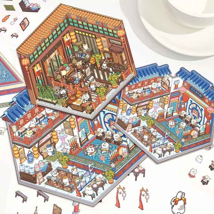 Cute Cat 3.0 Stickers Scene – Traditional Chinese Culture: Cat Theater | Cat Traditional Medicine Clinic | Cat Ancient Courtyard | Cat Relaxation Hall