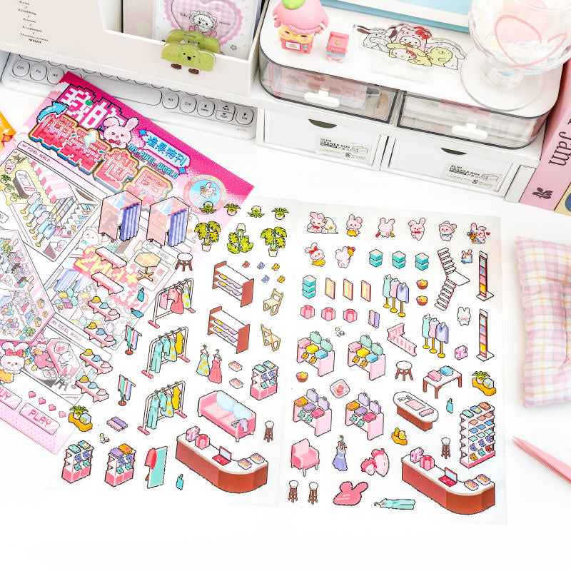Cute Animal Stickers Scene 6.0 – Pixel World: Bunny Clothing Shop | Bear Coffee Shop | Puppy Supermarket | Kitty Garden