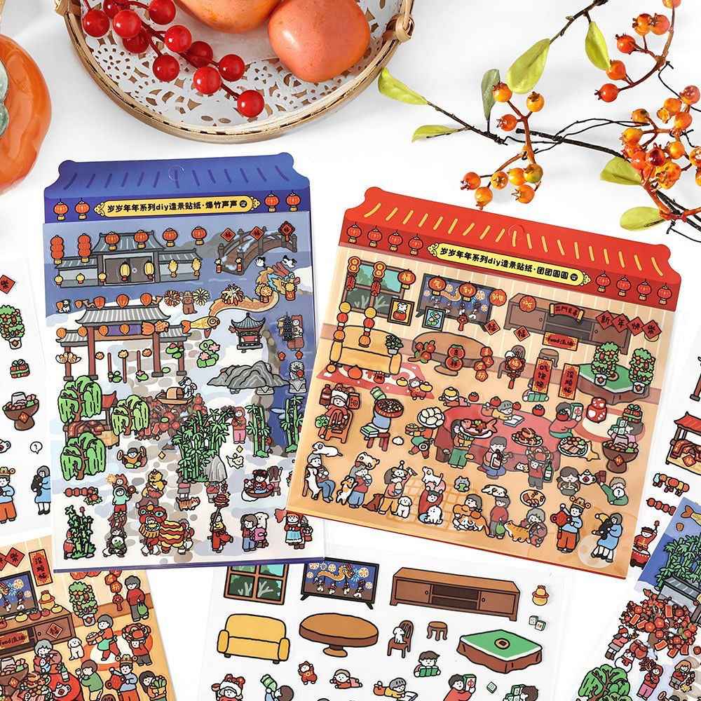 Chinese New Year Stickers Scene – 2 Themes: New Year's Eve Dinner | Temple Fair