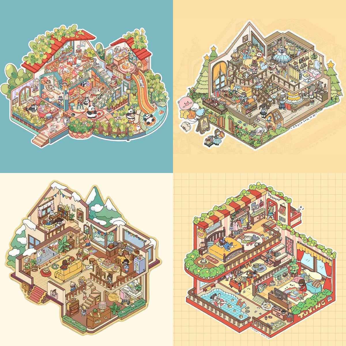 Dreamy Fairy Tale World Corner – 3D Sticker Scenes - 6 Theme Sets: Panda Villa | Birthday Party | Winter Warm Home | Cute Girl's Home | Cute Girl's Cottage | Cute Girl's Fruit Shop