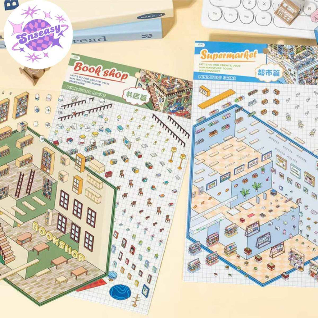 3-Story Grand Buildings 3.0 – Animal Business Simulation 3D Room Stickers Scene - 4 Theme Sets: Hamster Supermarket | Bunny Bookstore | Fox Hot Pot | Cat Villa