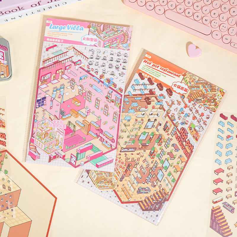 3-Story Grand Buildings 3.0 – Animal Business Simulation 3D Room Stickers Scene - 4 Theme Sets: Hamster Supermarket | Bunny Bookstore | Fox Hot Pot | Cat Villa