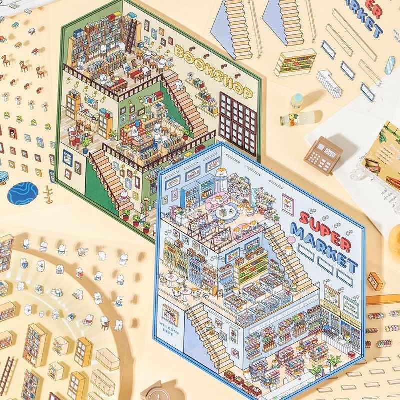 3-Story Grand Buildings 3.0 – Animal Business Simulation 3D Room Stickers Scene - 4 Theme Sets: Hamster Supermarket | Bunny Bookstore | Fox Hot Pot | Cat Villa