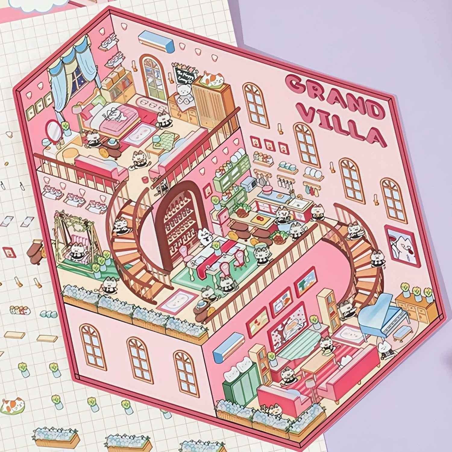 3-Story Grand Buildings 3.0 – Animal Business Simulation 3D Room Stickers Scene - 4 Theme Sets: Hamster Supermarket | Bunny Bookstore | Fox Hot Pot | Cat Villa