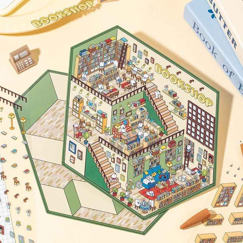 3-Story Grand Buildings 3.0 – Animal Business Simulation 3D Room Stickers Scene - 4 Theme Sets: Hamster Supermarket | Bunny Bookstore | Fox Hot Pot | Cat Villa