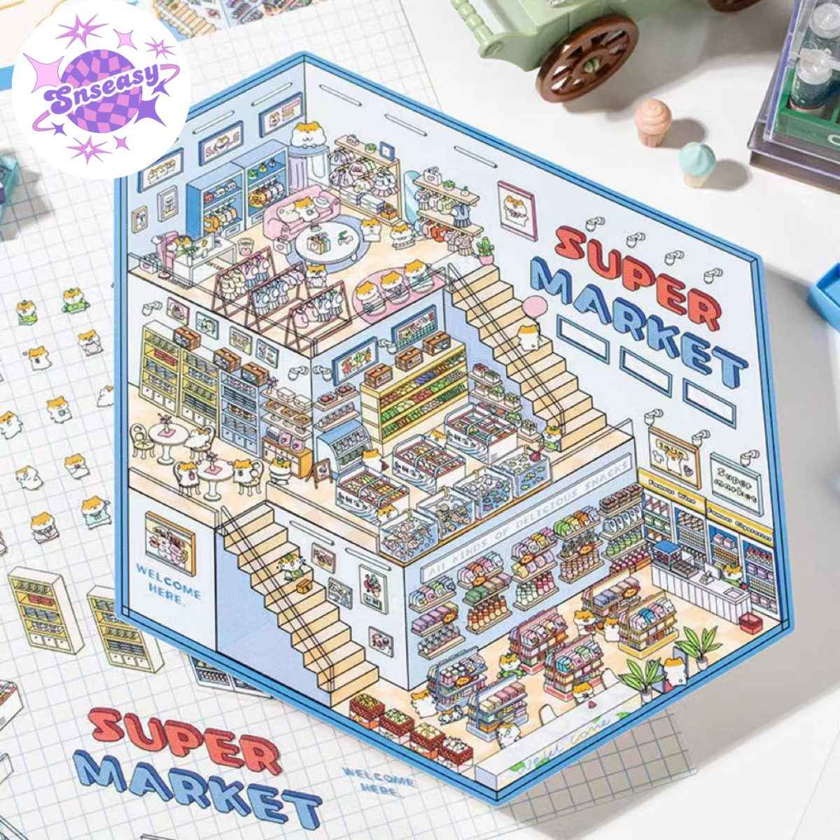 3-Story Grand Buildings 3.0 – Animal Business Simulation 3D Room Stickers Scene - 4 Theme Sets: Hamster Supermarket | Bunny Bookstore | Fox Hot Pot | Cat Villa