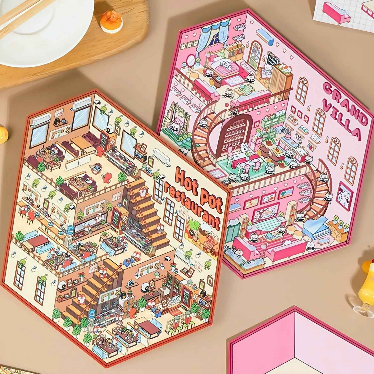 3-Story Grand Buildings 3.0 – Animal Business Simulation 3D Room Stickers Scene - 4 Theme Sets: Hamster Supermarket | Bunny Bookstore | Fox Hot Pot | Cat Villa