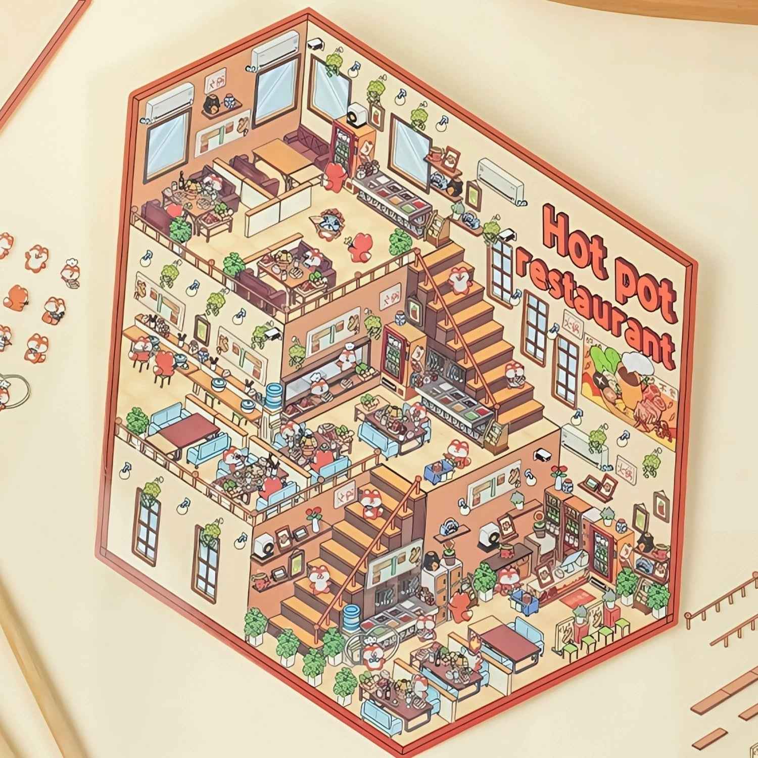 3-Story Grand Buildings 3.0 – Animal Business Simulation 3D Room Stickers Scene - 4 Theme Sets: Hamster Supermarket | Bunny Bookstore | Fox Hot Pot | Cat Villa