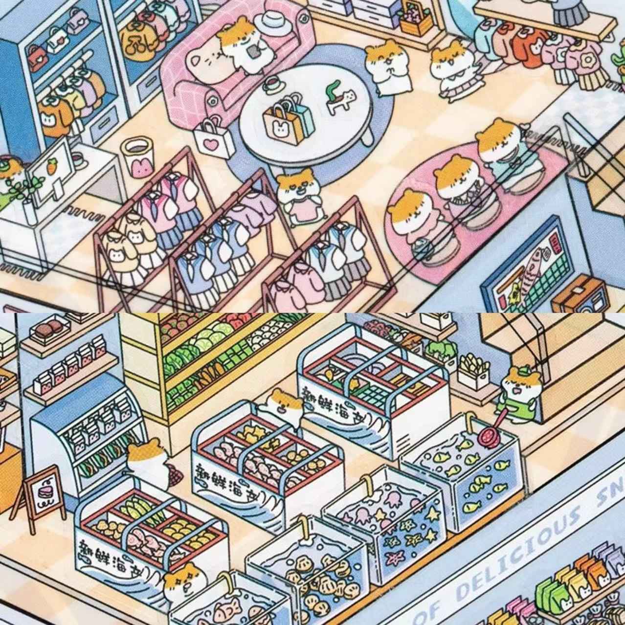 3-Story Grand Buildings 3.0 – Animal Business Simulation 3D Room Stickers Scene - 4 Theme Sets: Hamster Supermarket | Bunny Bookstore | Fox Hot Pot | Cat Villa