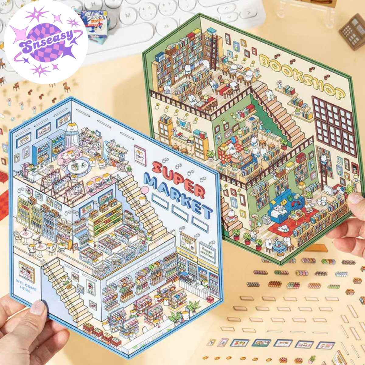 3-Story Grand Buildings 3.0 – Animal Business Simulation 3D Room Stickers Scene - 4 Theme Sets: Hamster Supermarket | Bunny Bookstore | Fox Hot Pot | Cat Villa