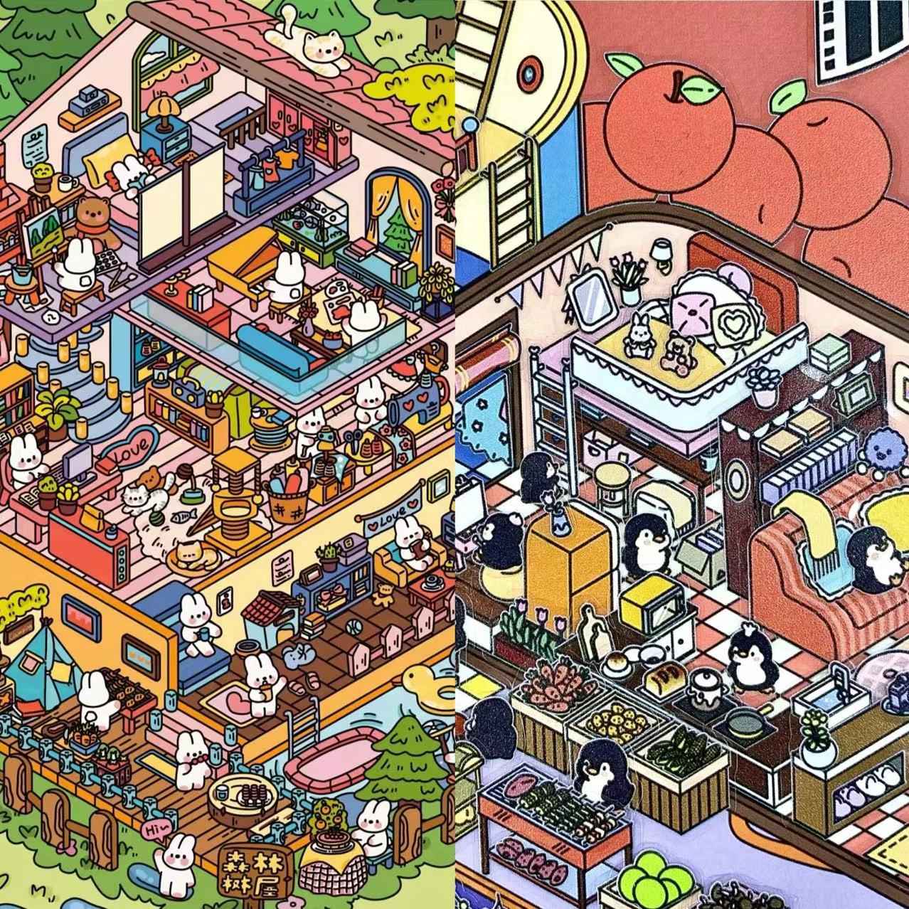 3-Story Grand Buildings 4.0 – Dream Home 3D Room Stickers Scene 2 Themes: Bunny Forest Treehouse | Penguin Can Apartment