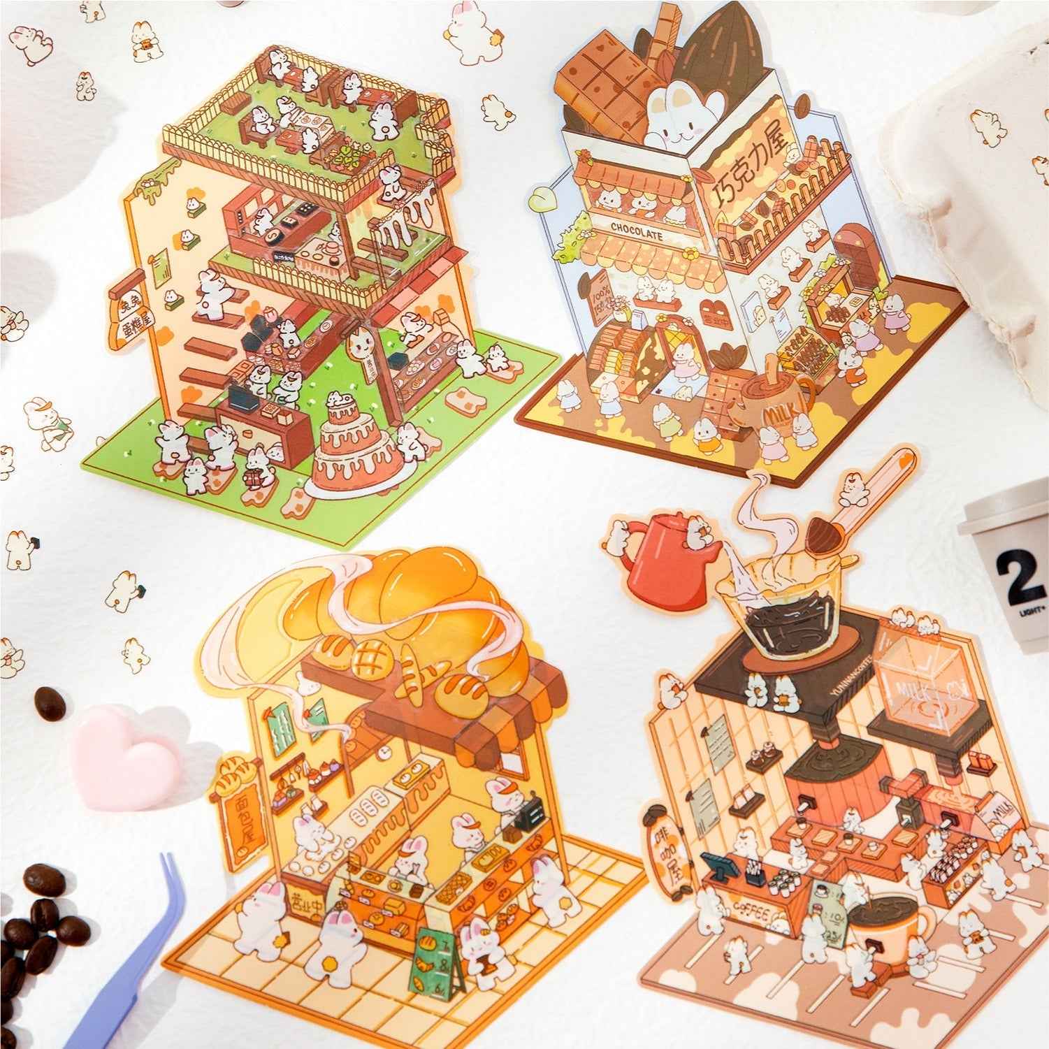 Cute Bunny 2.0 Shop Simulation – 3D Isometric Room Stickers Scene 4 Themes: Coffee Shop | Chocolate House | Cake Shop | Bread Shop