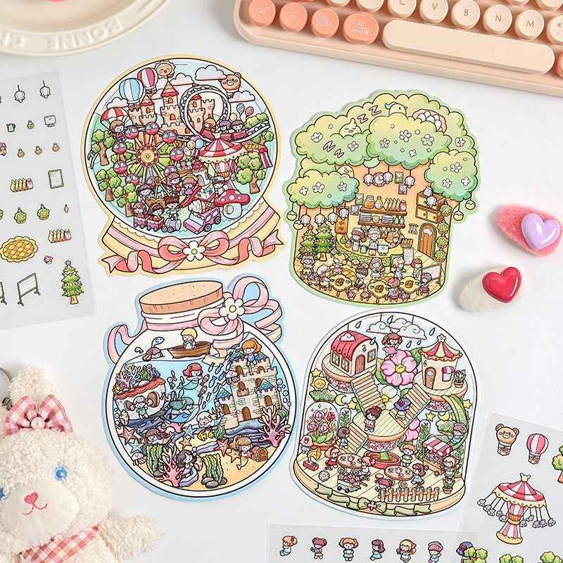 Mystical Bottle World – 3D Isometric Room Stickers Scene 4 Themes: Underwater Castle | Treehouse | Crystal Amusement Park | Green House