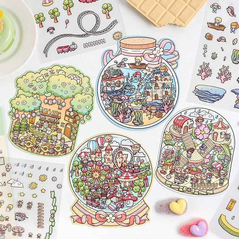 Mystical Bottle World – 3D Isometric Room Stickers Scene 4 Themes: Underwater Castle | Treehouse | Crystal Amusement Park | Green House