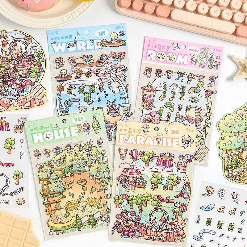 Mystical Bottle World – 3D Isometric Room Stickers Scene 4 Themes: Underwater Castle | Treehouse | Crystal Amusement Park | Green House