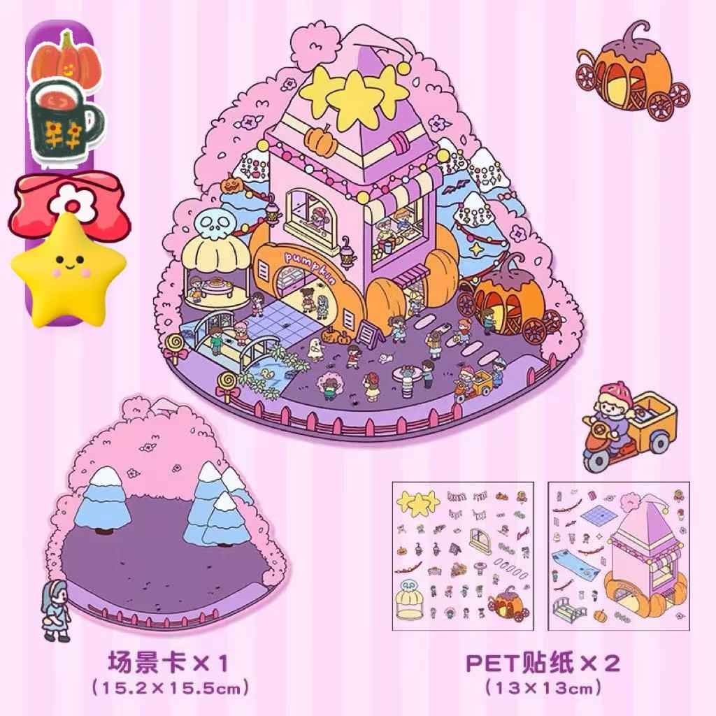 Four Seasons Fairytale Cottage Stickers Scene – 4 Themes: Spring Two-Story Cottage | Summer Candy House | Autumn Pumpkin House | Winter Christmas Cottage