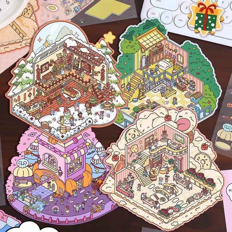Four Seasons Fairytale Cottage Stickers Scene – 4 Themes: Spring Two-Story Cottage | Summer Candy House | Autumn Pumpkin House | Winter Christmas Cottage
