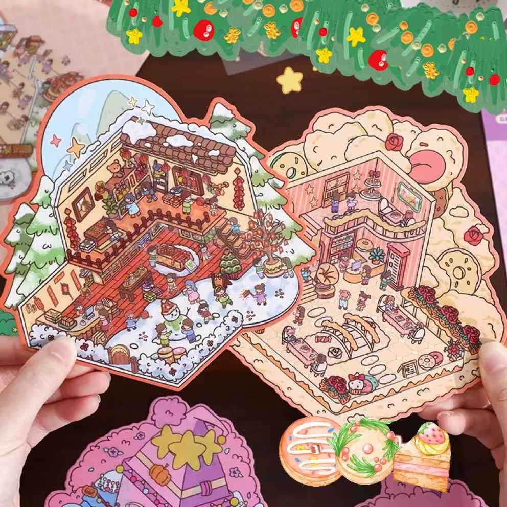 Four Seasons Fairytale Cottage Stickers Scene – 4 Themes: Spring Two-Story Cottage | Summer Candy House | Autumn Pumpkin House | Winter Christmas Cottage