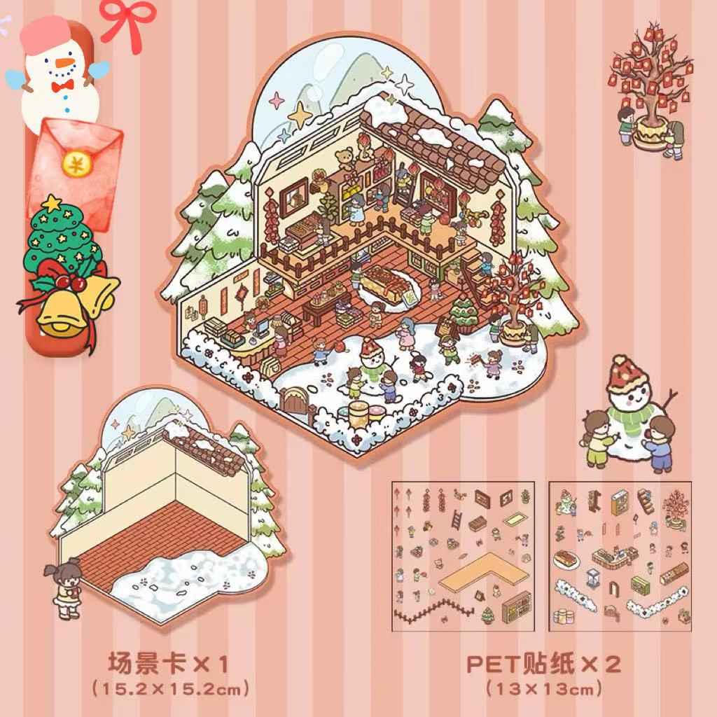 Four Seasons Fairytale Cottage Stickers Scene – 4 Themes: Spring Two-Story Cottage | Summer Candy House | Autumn Pumpkin House | Winter Christmas Cottage