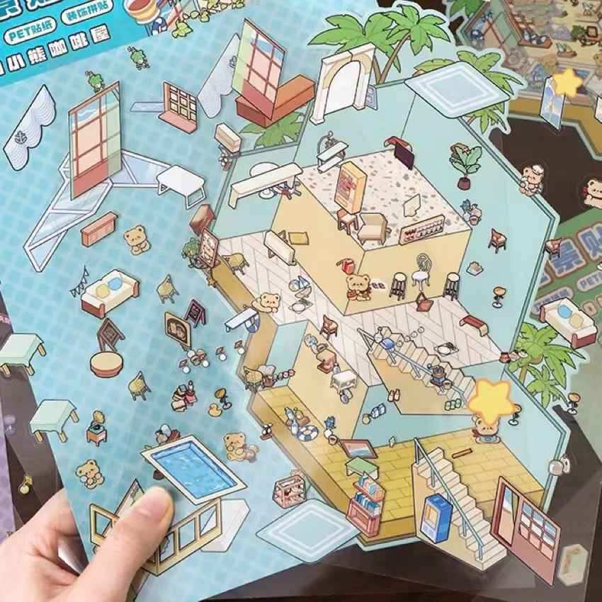 3-Story Grand Buildings 5.0 – Animal Business Simulation Stickers Scene – 4 Themes: Bear Coffee | Panda Preschool | Capybara Game | Bunny Castle