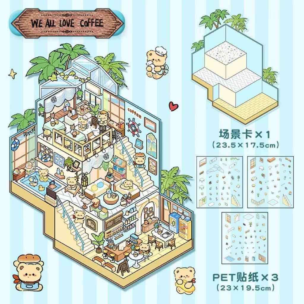 3-Story Grand Buildings 5.0 – Animal Business Simulation Stickers Scene – 4 Themes: Bear Coffee | Panda Preschool | Capybara Game | Bunny Castle