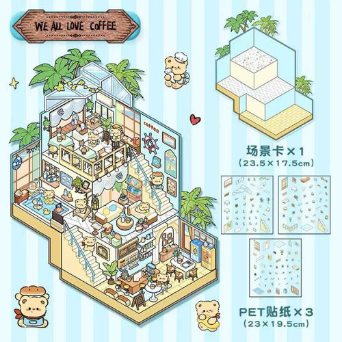 3-Story Grand Buildings 5.0 – Animal Business Simulation Stickers Scene – 4 Themes: Bear Coffee | Panda Preschool | Capybara Game | Bunny Castle