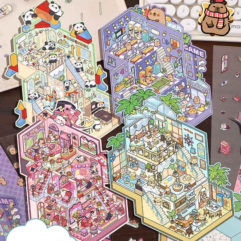 3-Story Grand Buildings 5.0 – Animal Business Simulation Stickers Scene – 4 Themes: Bear Coffee | Panda Preschool | Capybara Game | Bunny Castle