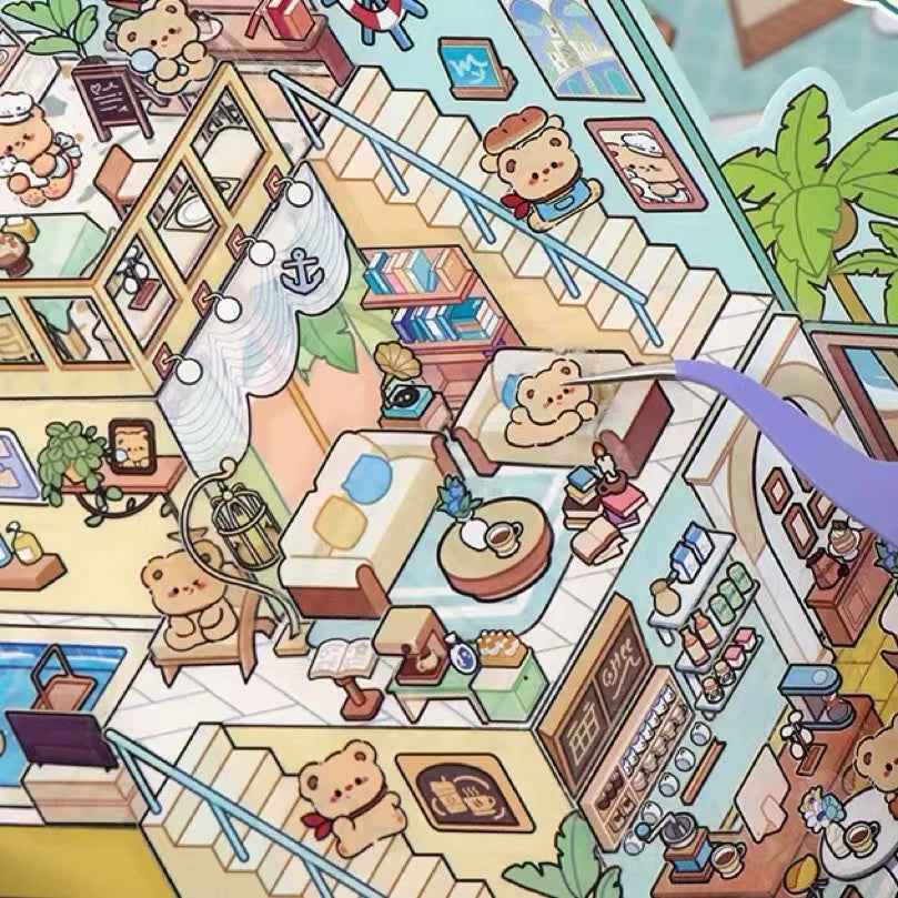3-Story Grand Buildings 5.0 – Animal Business Simulation Stickers Scene – 4 Themes: Bear Coffee | Panda Preschool | Capybara Game | Bunny Castle