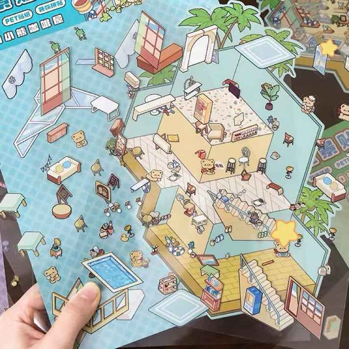 3-Story Grand Buildings 5.0 – Animal Business Simulation Stickers Scene – 4 Themes: Bear Coffee | Panda Preschool | Capybara Game | Bunny Castle