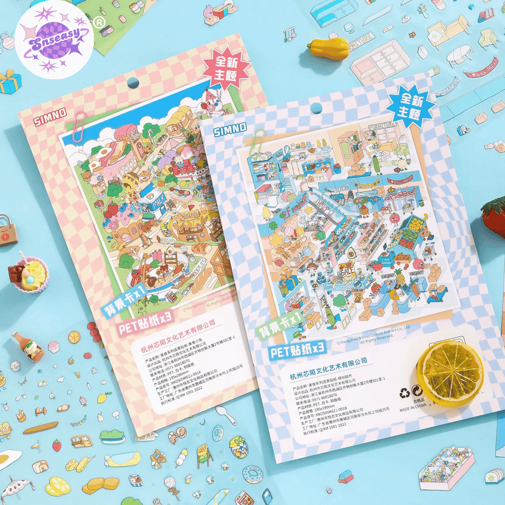 Gourmet Town – 3D Miniature Scene Stickers (Plus Size) – 2 Theme Sets: Gourmet Supermarket | Gourmet Street