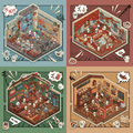 Whimsical Journey with the Cute Sheep – 3D Miniature Scene Stickers – 4 Theme Sets: Gym Case | Masquerade Ball | Magic Shop | Scream Dollhouse