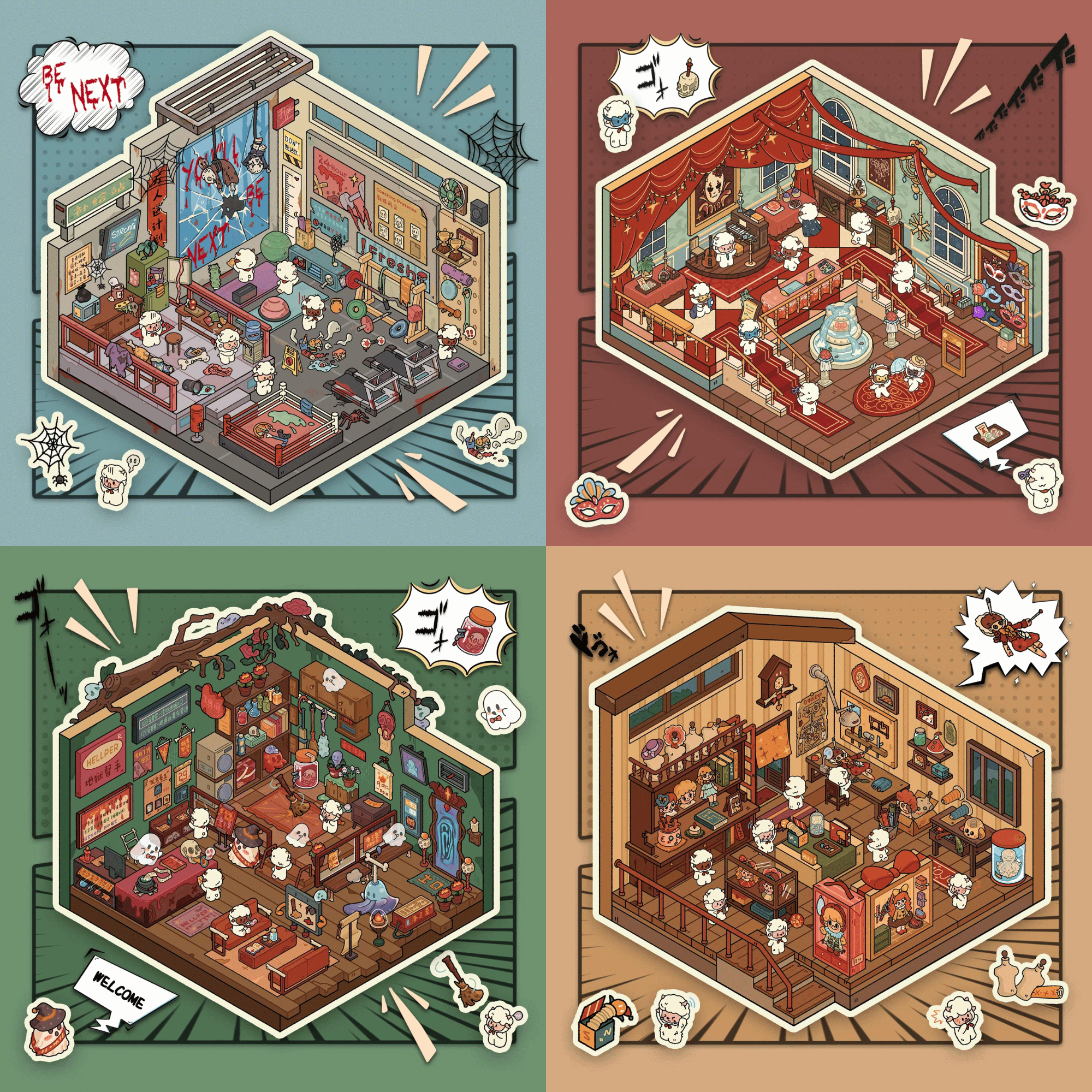 Whimsical Journey with the Cute Sheep – 3D Miniature Scene Stickers – 4 Theme Sets: Gym Case | Masquerade Ball | Magic Shop | Scream Dollhouse