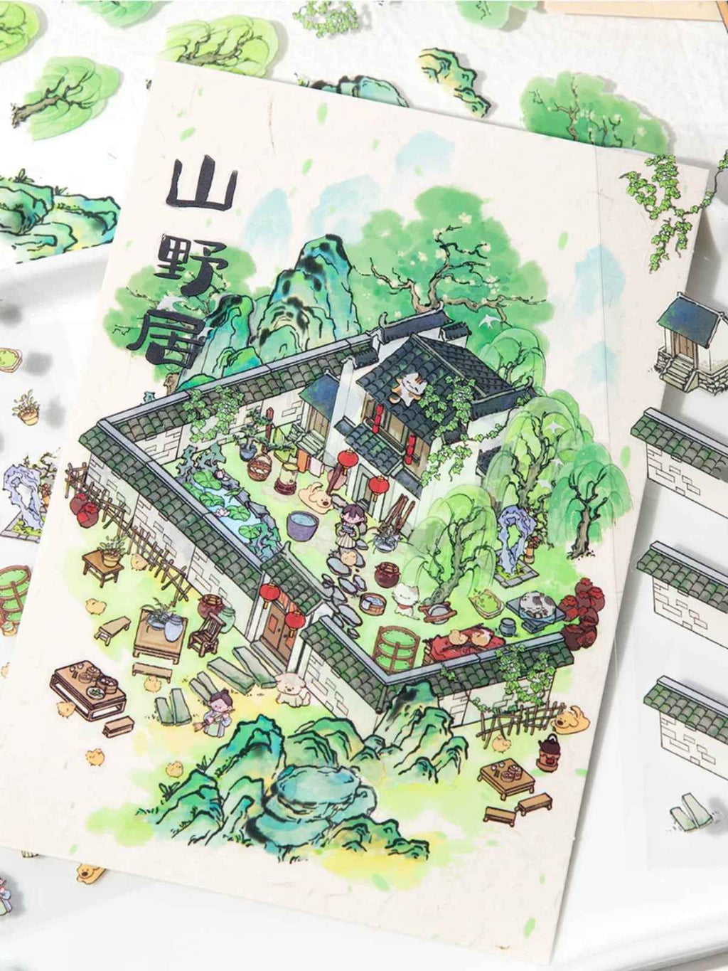 Traditional Chinese Ink Painting Style – 4 Seasons Cottage 3D Stickers Scene - 4 Theme Sets: Spring Peach Blossoms | Summer Mountain | Autumn Forest | Winter Snow