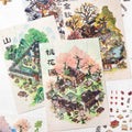 Traditional Chinese Ink Painting Style – 4 Seasons Cottage 3D Stickers Scene - 4 Theme Sets: Spring Peach Blossoms | Summer Mountain | Autumn Forest | Winter Snow