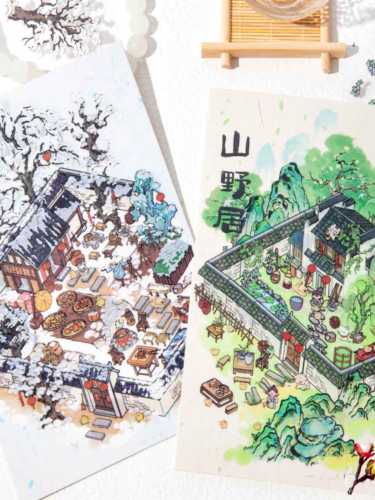 Traditional Chinese Ink Painting Style – 4 Seasons Cottage 3D Stickers Scene - 4 Theme Sets: Spring Peach Blossoms | Summer Mountain | Autumn Forest | Winter Snow