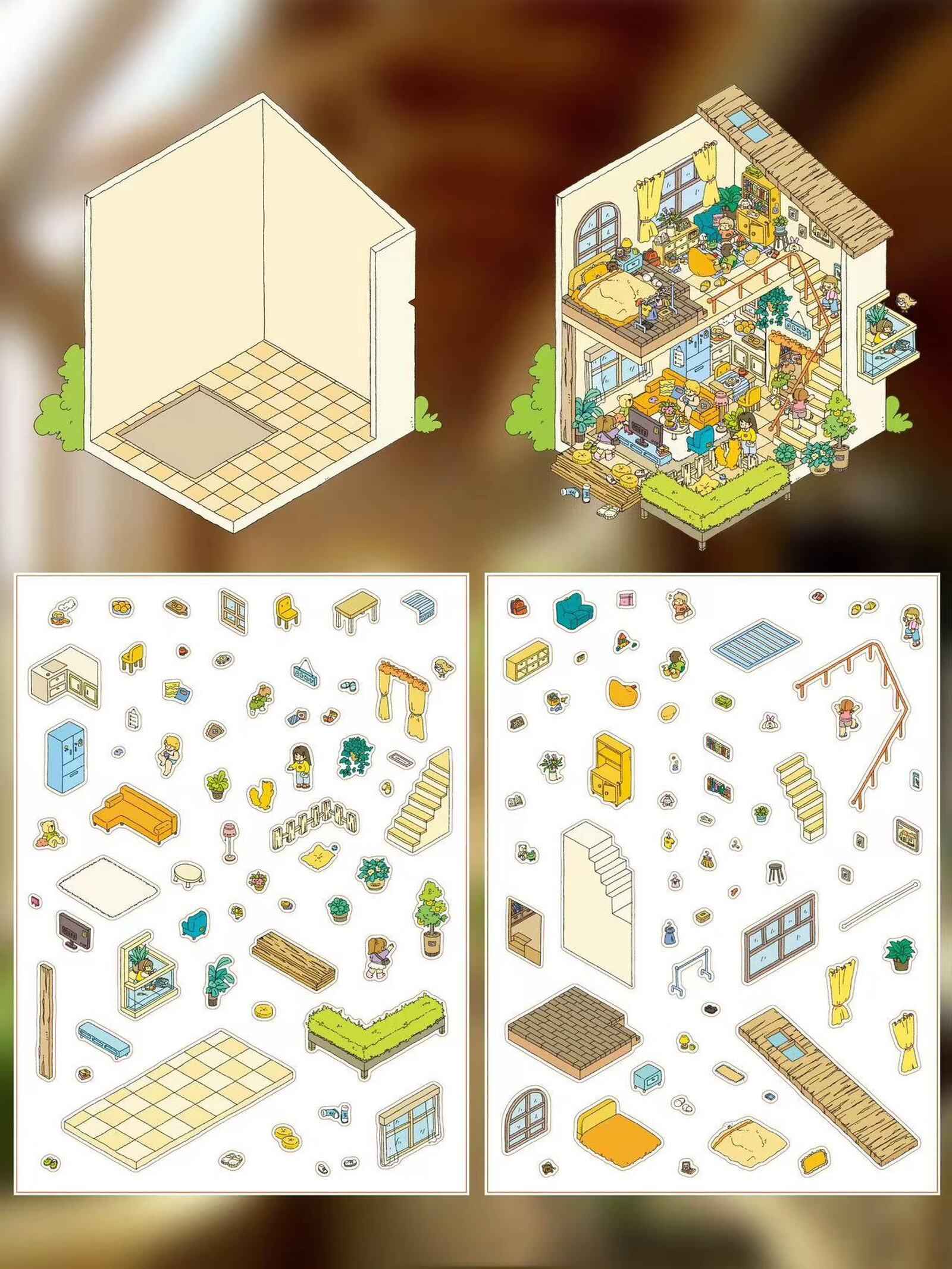 Dream House – 3D Sticker Scenes - 5 Theme Sets: Tree House | Wooden House | Vintage Clothing | Cozy House | Happy House