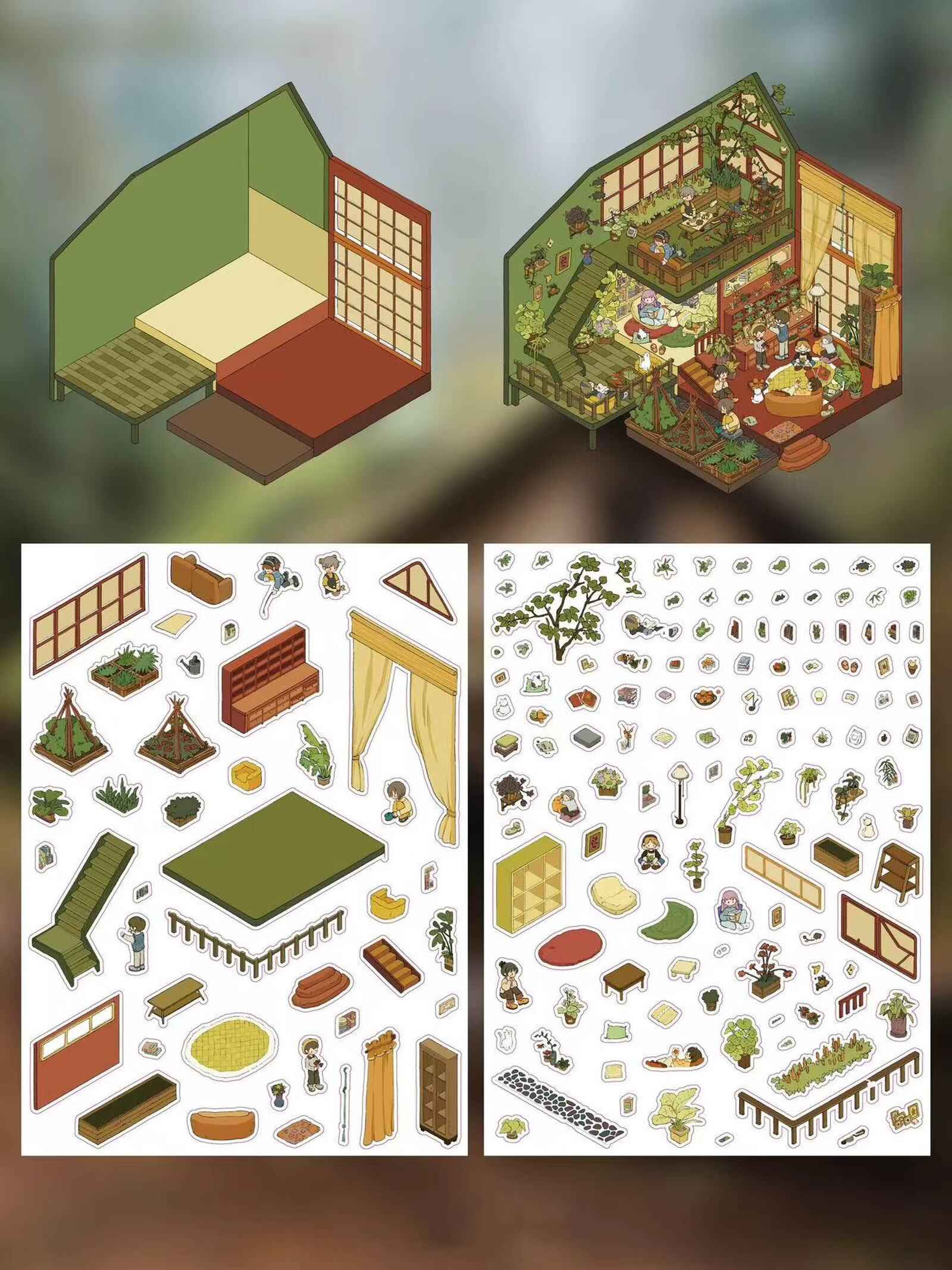 Dream House – 3D Sticker Scenes - 5 Theme Sets: Tree House | Wooden House | Vintage Clothing | Cozy House | Happy House