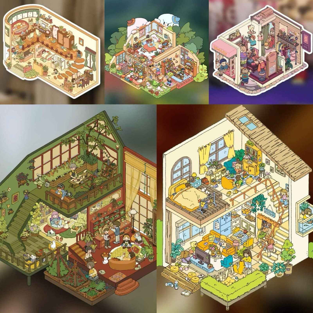 Dream House – 3D Sticker Scenes - 5 Theme Sets: Tree House | Wooden House | Vintage Clothing | Cozy House | Happy House