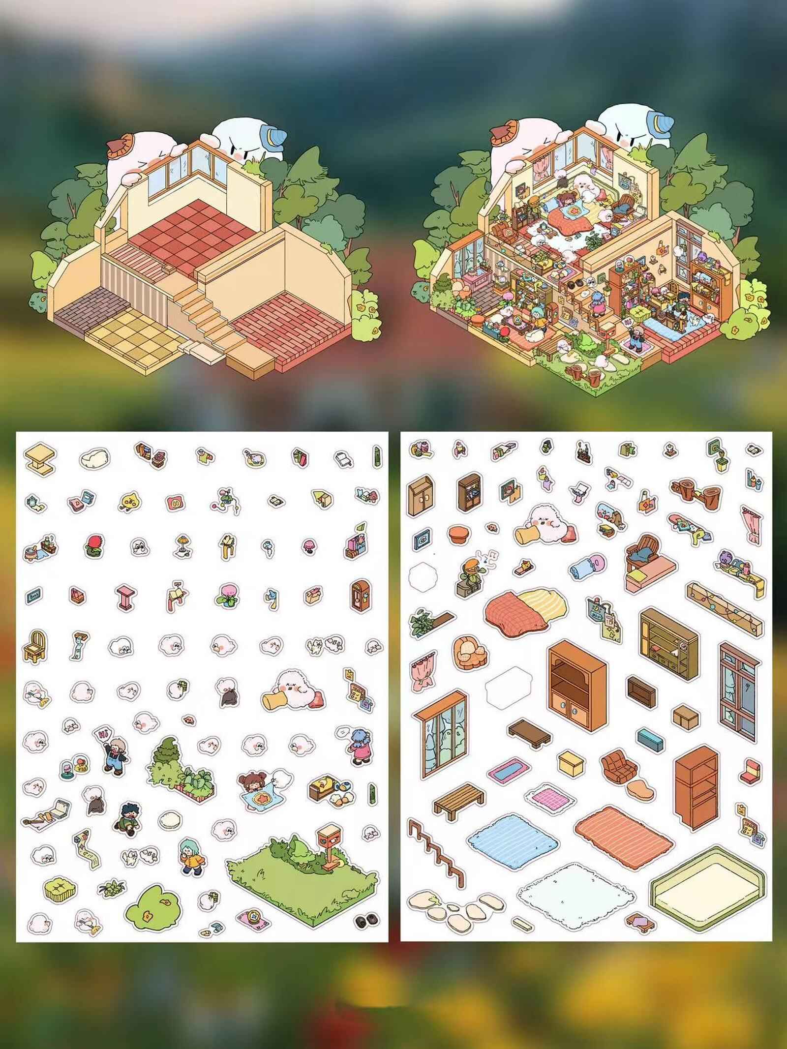 Dream House – 3D Sticker Scenes - 5 Theme Sets: Tree House | Wooden House | Vintage Clothing | Cozy House | Happy House