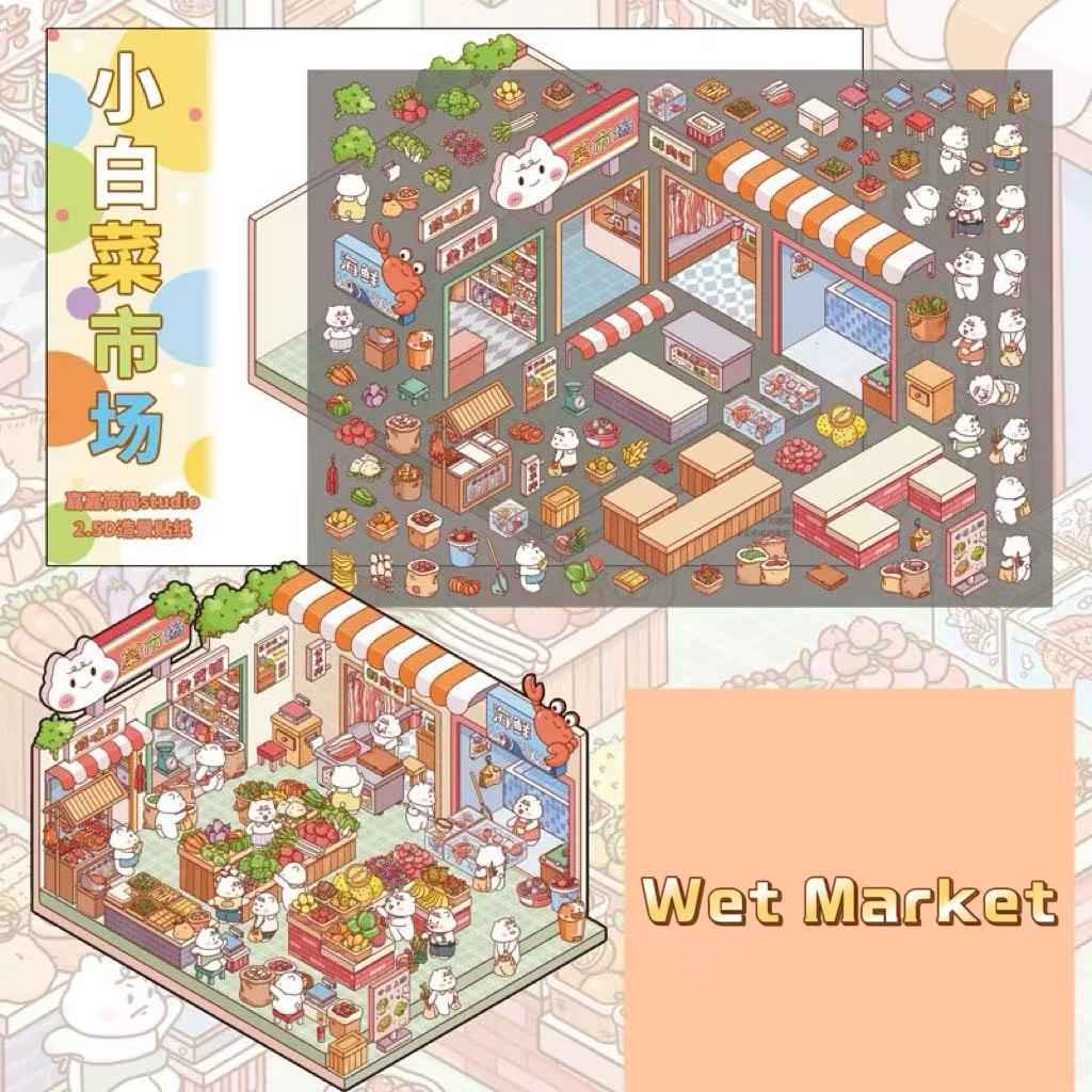 Migi's Dream Town – 3D Sticker Scenes - 6 Theme Sets: Hot Springs | Detective Agency | Western Tavern | Alice's Flower Shop | Wet Market | Hospital