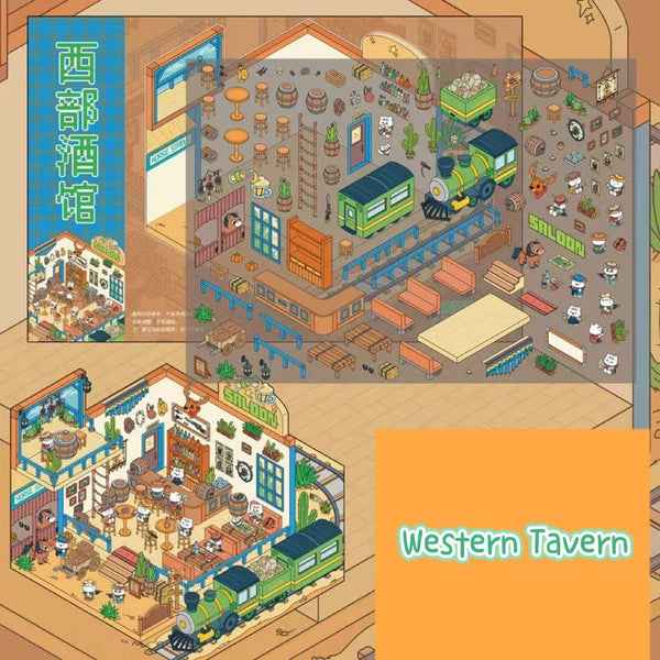Migi's Dream Town – 3D Sticker Scenes - 6 Theme Sets: Hot Springs | Detective Agency | Western Tavern | Alice's Flower Shop | Wet Market | Hospital