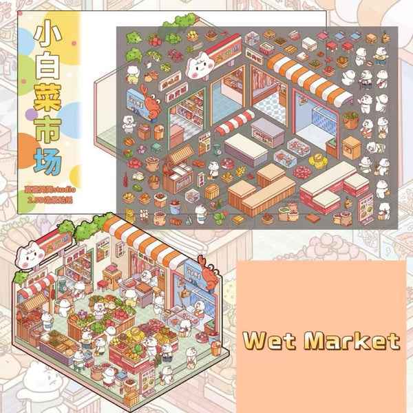 Migi's Dream Town – 3D Sticker Scenes - 6 Theme Sets: Hot Springs | Detective Agency | Western Tavern | Alice's Flower Shop | Wet Market | Hospital