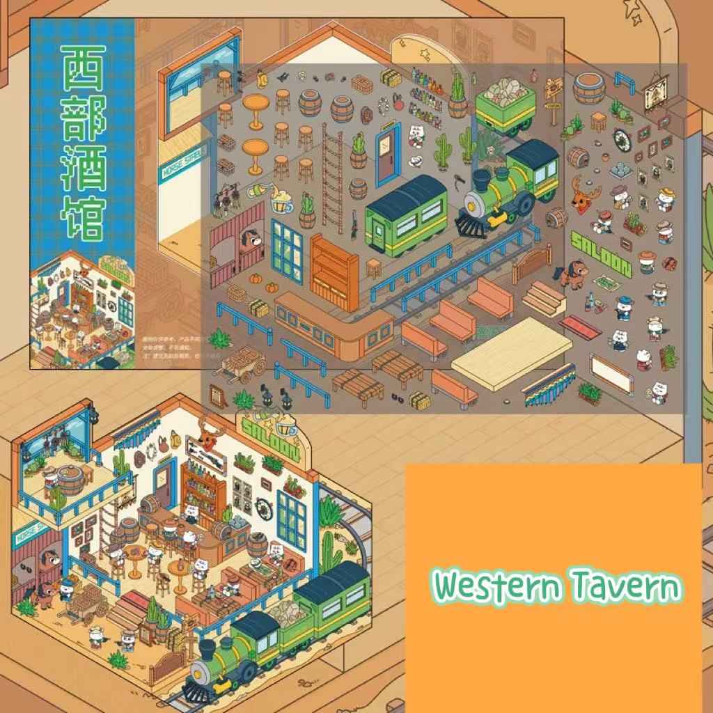 Migi's Dream Town – 3D Sticker Scenes - 6 Theme Sets: Hot Springs | Detective Agency | Western Tavern | Alice's Flower Shop | Wet Market | Hospital