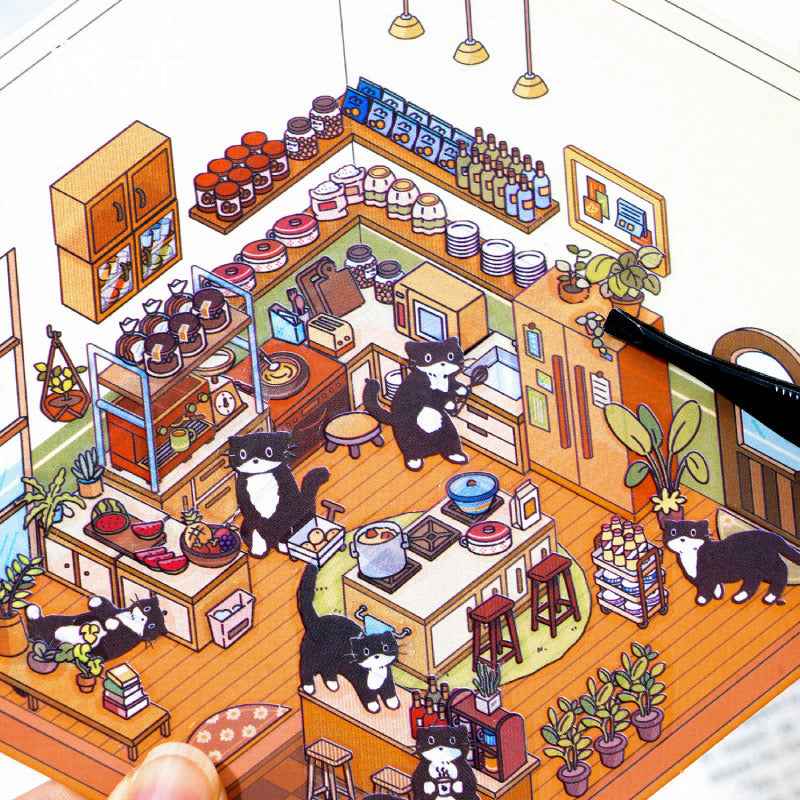 Cute Black Cat's Home – 3D Sticker Scenes - 4 Theme Sets: Bedroom | Kitchen | Study Room | Garden